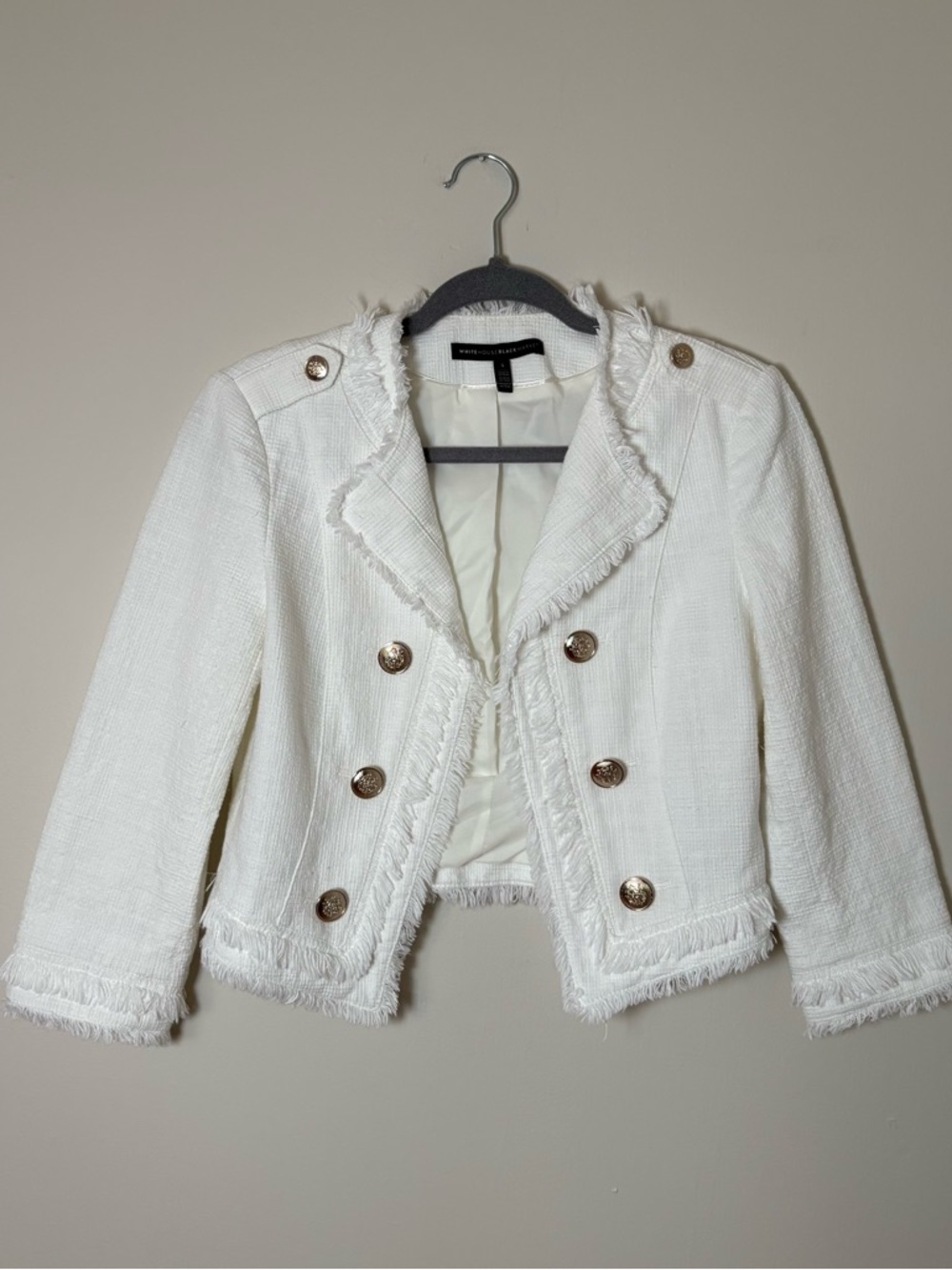 White House Black Market White Frayed Tweed Double-Breasted Military Jacket SZ 4